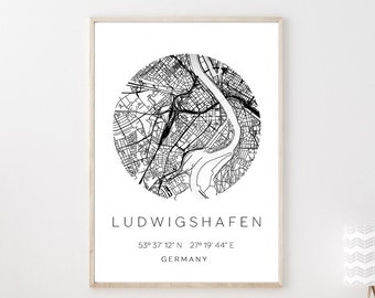 Poster LUDWIGSHAFEN STADTPLAN mit Koordinaten | Heimatstadt | Stadtposter | Personalisiert | Map | Karte Geschenk | Kunstdruck Umzug Einzug