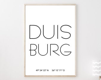 Poster DUISBURG mit Koordinaten | Heimatstadt | Stadtposter | Personalisiert | Stadt Geschenk | Kunstdruck | Umzug Einzug | Heimat | Zuhause