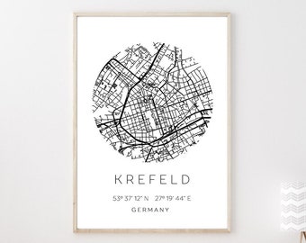 Poster KREFELD STADTPLAN mit Koordinaten | Heimatstadt | Stadtposter | Personalisiert | Map | Karte Geschenk | Kunstdruck | Umzug Einzug