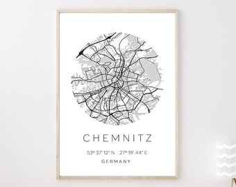 Poster CHEMNITZ STADTPLAN mit Koordinaten | Heimatstadt | Stadtposter | Personalisiert | Map | Karte Geschenk | Kunstdruck | Umzug Einzug