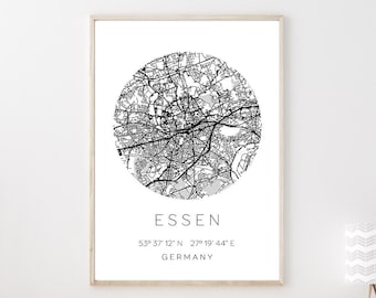 Poster ESSEN STADTPLAN mit Koordinaten | Heimatstadt | Stadtposter | Personalisiert | Map | Karte Geschenk | Kunstdruck | Umzug Einzug