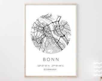 Poster BONN STADTPLAN mit Koordinaten | Heimatstadt | Stadtposter | Personalisiert | Map | Karte Geschenk | Kunstdruck | Umzug Einzug