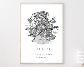 Poster ERFURT STADTPLAN mit Koordinaten | Heimatstadt | Stadtposter | Personalisiert | Map | Karte Geschenk | Kunstdruck | Umzug Einzug