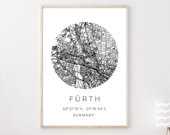 Poster FÜRTH STADTPLAN mit Koordinaten | Heimatstadt | Stadtposter | Personalisiert | Map | Karte Geschenk | Kunstdruck | Umzug Einzug