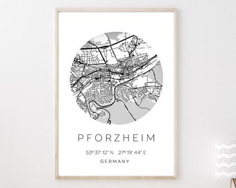 Poster PFORZHEIM STADTPLAN mit Koordinaten | Heimatstadt | Stadtposter | Personalisiert | Map | Karte Geschenk | Kunstdruck | Umzug Einzug