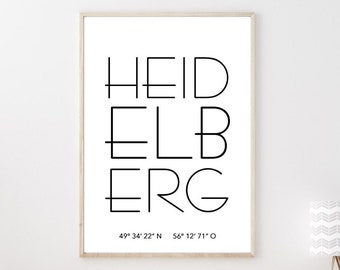 Poster HEIDELBERG mit Koordinaten | Heimatstadt | Stadtposter | Personalisiert | Stadt Geschenk | Kunstdruck | Umzug Einzug | Heimat Zuhause