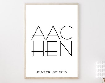 Poster AACHEN mit Koordinaten | Heimatstadt | Stadtposter | Personalisiert | Stadt Geschenk | Kunstdruck | Umzug Einzug | Heimat | Zuhause