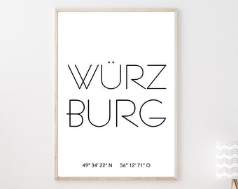 Poster WÜRZBURG mit Koordinaten | Heimatstadt | Stadtposter | Personalisiert | Stadt Geschenk | Kunstdruck | Umzug Einzug | Heimat | Zuhause