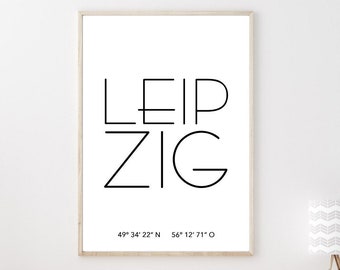 Poster LEIPZIG mit Koordinaten | Heimatstadt | Stadtposter | Personalisiert | Stadt Geschenk | Kunstdruck | Umzug Einzug | Heimat | Zuhause