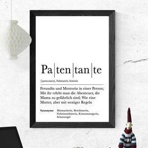 Poster PATENTANTE | Verkündung | Geschenk | Definition | Baby | Schwangerschaft | Vorfreude | Taufpatin | Patin | Danke | Kunstdruck