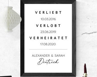 Poster VERLIEBT VERLOBT VERHEIRATET mit Datum | Personalisiert | Hochzeitsgeschenk | Kunstdruck | Geschenk Brautpaar | Sie Ihn | Hochzeit