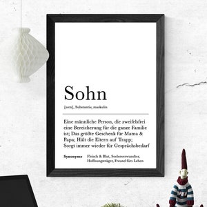 Poster SOHN | Danke | Kind | Geschenk | Definition | Schwangerschaft | Vorfreude | Geburtstag | Kunstdruck | Bester Sohnemann | Duden