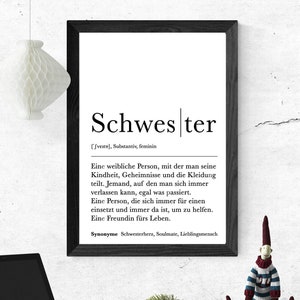 Poster SCHWESTER | Danke | Schwesterherz | Geschenk | Definition | Schwangerschaft | Vorfreude | Geburtstag | Kunstdruck | Familie | Sister
