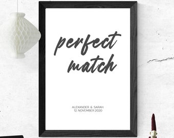 Poster PERFECT MATCH mit Namen & Datum | Personalisiert | Geschenk | Paare Pärchen | Brautpaar | Jahrestag Verlobung Geburtstag Valentinstag