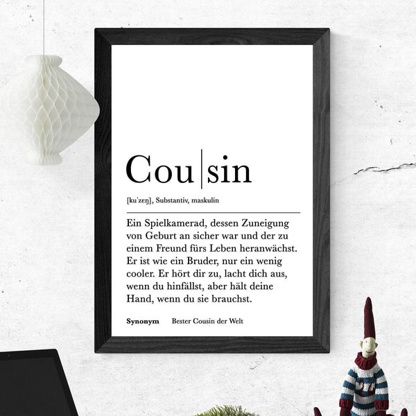 Poster COUSIN | Danke | Cousin | Geschenk | Definition | Schwangerschaft | Vorfreude | Geburtstag | Kunstdruck | Familie | Duden