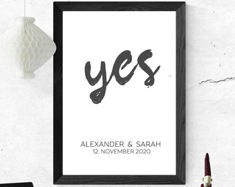 Poster YES mit Namen und Hochzeitstag | Personalisiert | Hochzeitsgeschenk | Hochzeit | Brautpaar | Namen | Digitaldruck