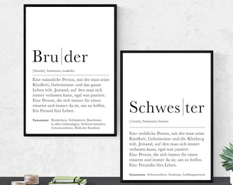 Poster Set BRUDER & SCHWESTER | Definition | Geschenkidee Familie | Danke | Personalisiertes Geschenk | Kunstdruck | Wanddeko