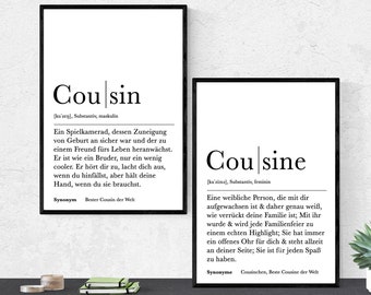 Poster Set COUSIN & COUSINE | Definition | Geschenkidee Familie | Danke | Personalisiertes Geschenk | Kunstdruck | Wanddeko