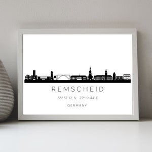Poster Stadt REMSCHEID SKYLINE mit Koordinaten | Heimat Stadt | Stadtposter | Personalisiert | Sehenswürdigkeiten Geschenk Kunstdruck