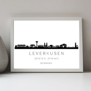 Poster Stadt LEVERKUSEN SKYLINE mit Koordinaten | Heimat Stadt | Stadtposter | Personalisiert | Sehenswürdigkeiten Geschenk | Kunstdruck