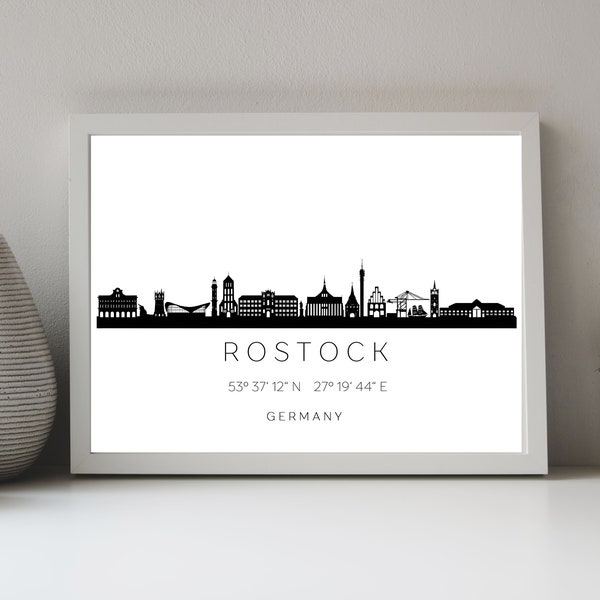 Poster ROSTOCK SKYLINE mit Koordinaten | Heimat Stadt | Stadtposter | Personalisiert | Sehenswürdigkeiten Geschenk Kunstdruck