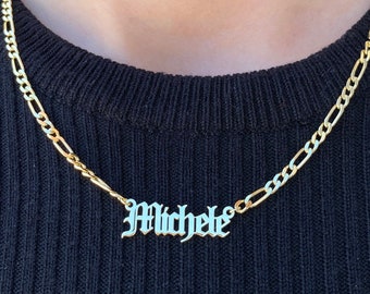 Personalized Gold Name Necklace with Figaro Chain, Old English Name Necklace, Gothic Name Necklace, Custom Name Necklace