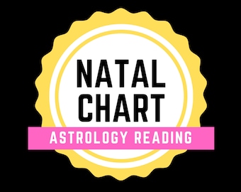 May include: A round, yellow and white badge with the words "NATAL CHART" in bold black letters. Below, a pink banner reads "ASTROLOGY READING". The background is solid black.