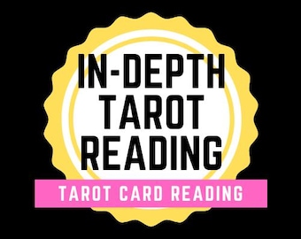 May include: A black background with a circular design in yellow and white, containing the text "IN-DEPTH TAROT READING". Below, a pink banner displays "TAROT CARD READING". The text is in a bold, sans-serif font.
