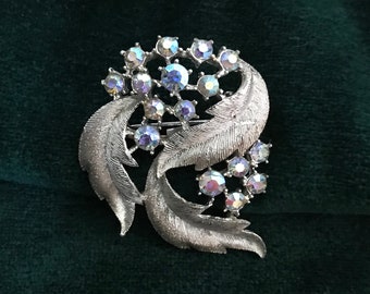 Vintage Midcentury Rhinestone Floral Brooch Silver Tone Jewelry Pin