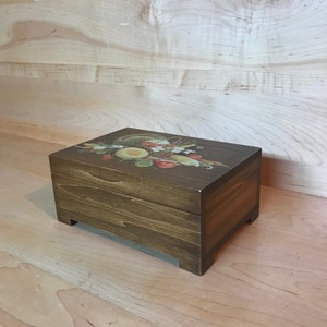 Vintage Small Wood Box with Picture Wood Letter Treasure Keepsake Chest