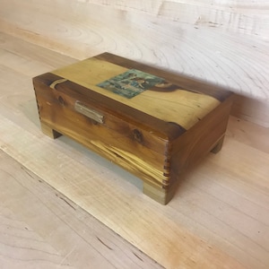Vintage Cedar Keepsake Box: Girl and Dog Picture, Art Deco Handle