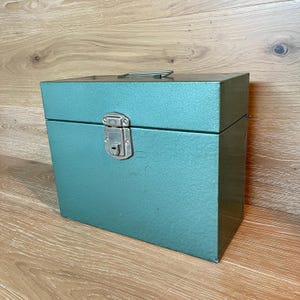 May include: A teal metal storage box with a handle and a latch closure. The box has a rectangular shape and a slightly textured surface. The handle is a thin, silver-colored bar. The latch is silver-colored with a keyhole.