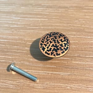 May include: A round copper-colored cabinet knob with a black, organic pattern. A silver screw is positioned below the knob on a light wood surface. The knob is a decorative hardware element.