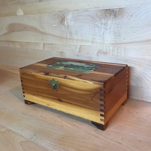 Vintage Cedar Wood Box with Picture Wood Letter Treasure Keepsake Chest