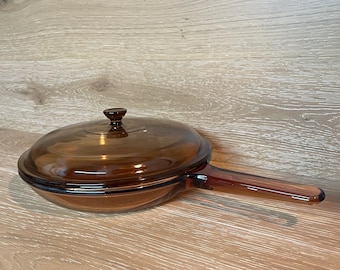 Vintage Visions by Corning Skillet: Midcentury Smoky Glass 10 1/2 Inch Waffle-Bottom Frying Pan
