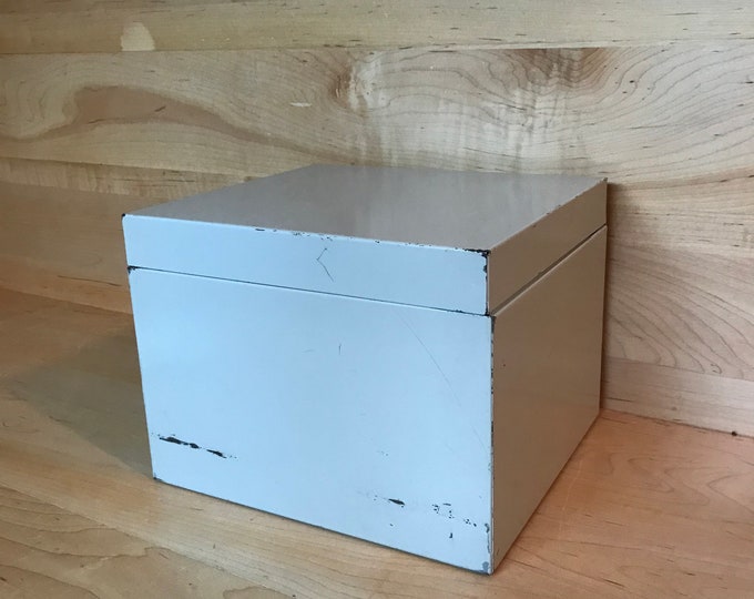 Vintage large index card file box midcentury beige tan steel industrial