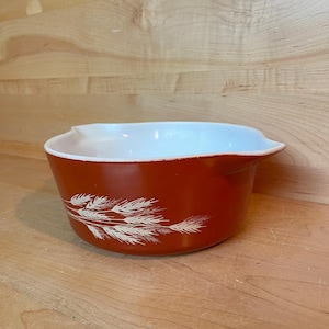 Vintage Pyrex Casserole Dish Autumn Harvest Pattern Richard Hora Orange with Wheat 2 1/2 Quart Mixing Bowl