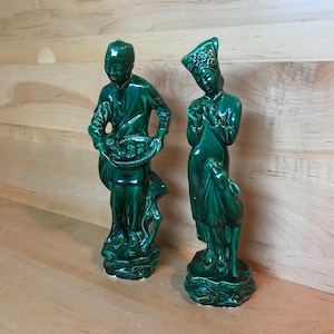 Vintage Asian Statuettes Midcentury Greenware Green Glaze Ceramic Porcelain Pottery Figurines