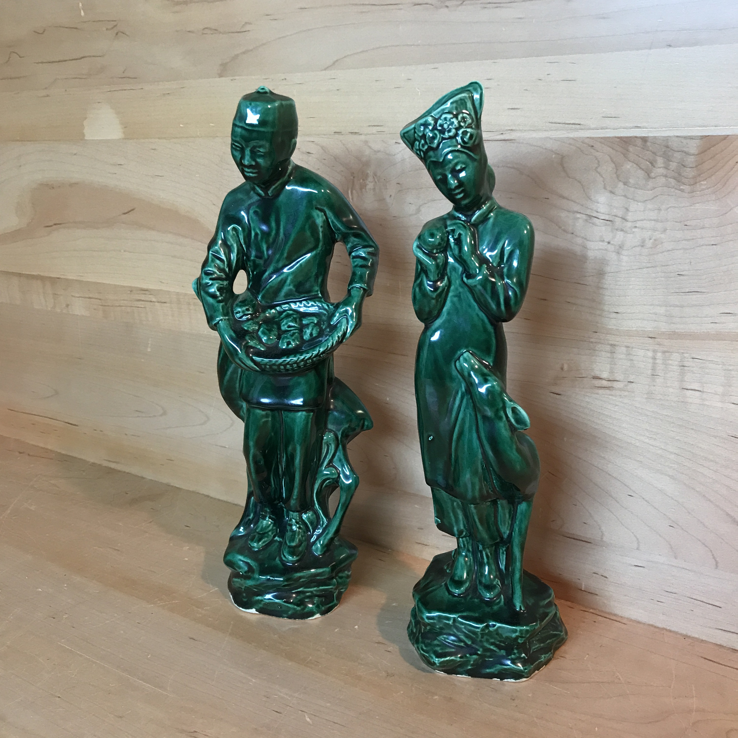 Vintage Asian Statuettes Midcentury Greenware Green Glaze Ceramic