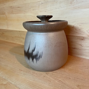 Puede incluir: Un tarro de cerámica con tapa. El tarro es de color beige claro con un borde y tapa marrones. Un diseño abstracto marrón oscuro está pintado en el lateral del tarro. El tarro está sobre una superficie de madera.