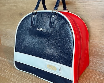 Bolsa para bolas de bolos vintage: Accesorios deportivos retro AMF de la liga de invierno de los años 80, roja, blanca y azul.