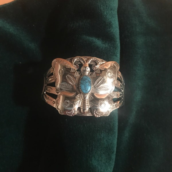 Vintage Cuff Bracelet Nickel Silver Faux Turquoise Bell Trading Post Route 66 Souvenir