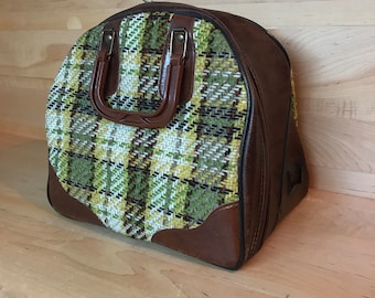 Vintage Bowling Bag 1980s Avocado Green Yellow Brown Plaid Woven Fabric Retro Bowling Ball Bag