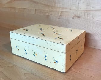 Vintage Floral Jewelry Box 1930s 40s Midcentury Shabby Chic Painted Wood Ladies Accessory Storage