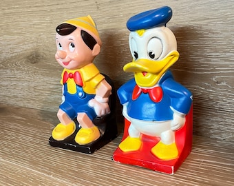Vintage Disney Bookend Penny Banks: Midcentury Donald Duck Pinocchio Children's Room Decor