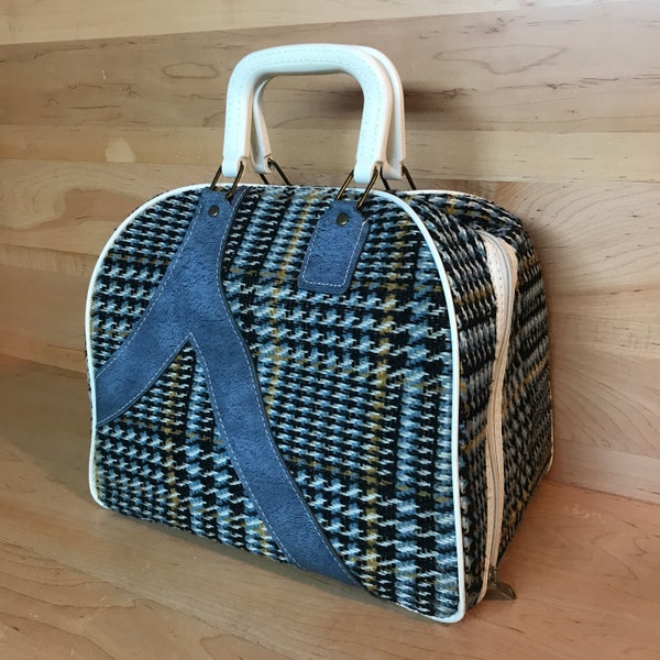 Vintage Bowling Bag 1980s Blue Plaid Woven Fabric Retro Bowling Ball Bag