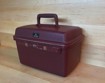 RESERVED for Dulcinee: Vintage 1980s Train Case Midcentury Delsey Burgundy Maroon Cosmetic Makeup Luggage