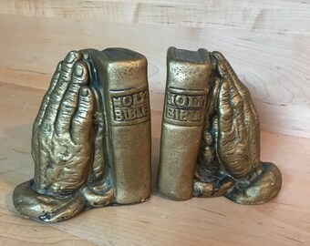 Vintage Bible Book Ends Midcentury Gold Praying Hands Religious Library Bookshelf Accessory