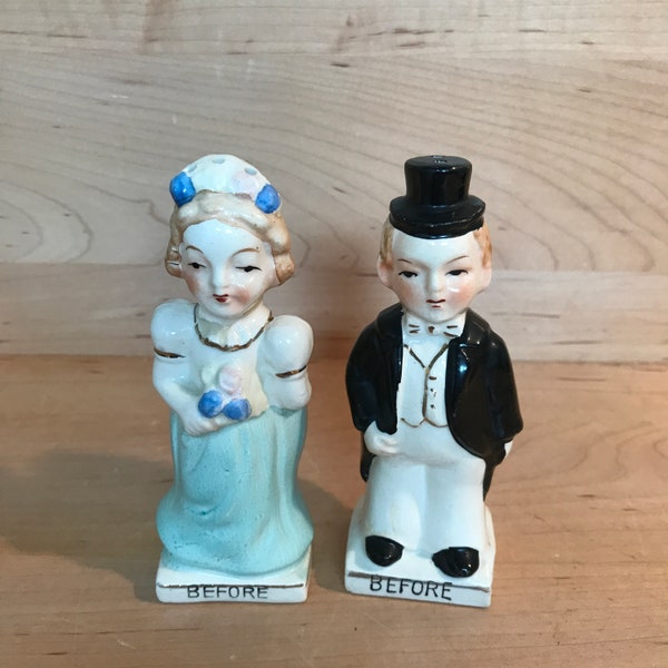 Vintage Turnabout Salt and Pepper Shakers Husband Wife Before and After Porcelain S and P Seasoning Set