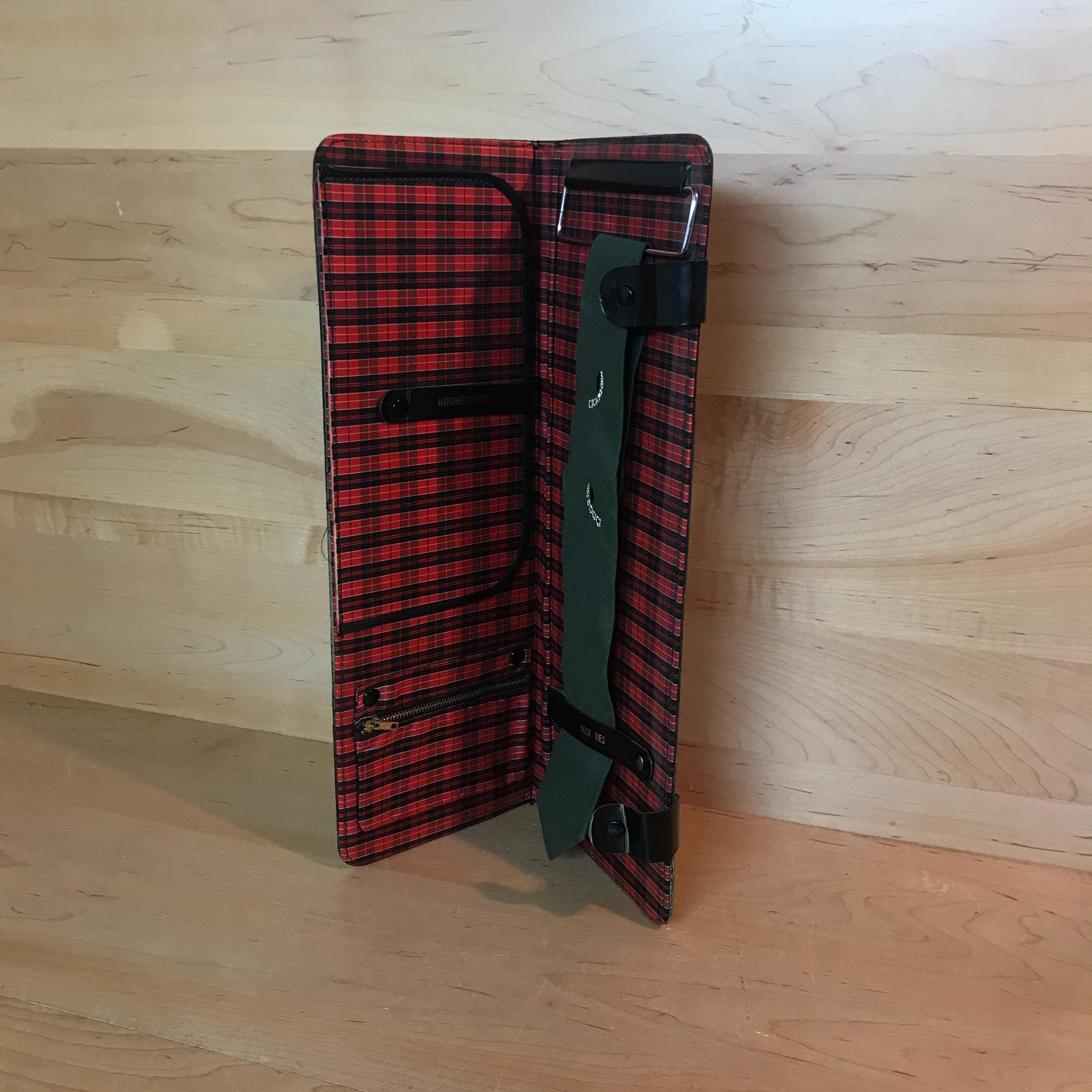 Vintage Midcentury Necktie Travel Case: Black Leather-Look, Red Plaid